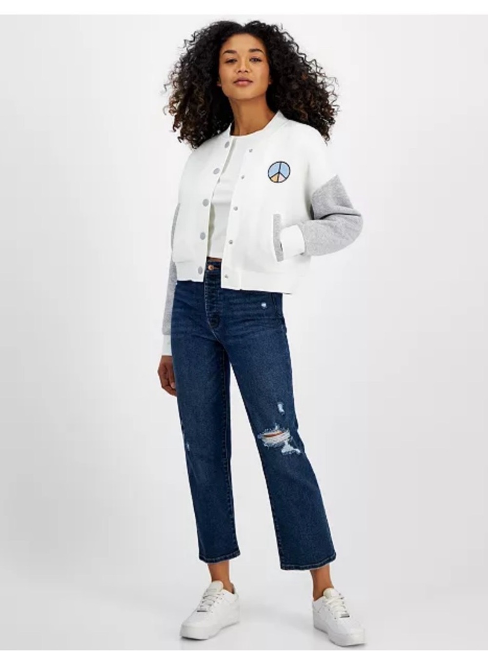 Hippie Rose White Bomber Jacket with Gray Sleeves & Peace Patch